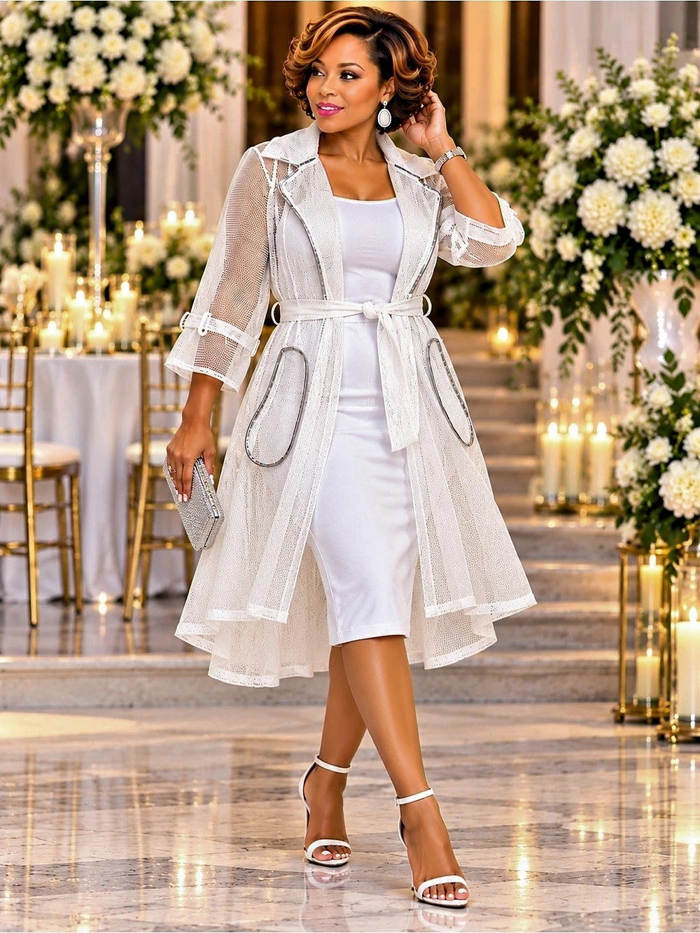 WOWO White Sheer Mesh Trench Jacket Silver Trim Belted Duster Size L